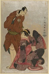Ukiyo-e print van Bando Hikosaburō III in de rol van Obi-ya Chōeimon en Iwai Hanshirō IV in de rol van Shinano-ya Ohan, door Tōshūsai Sharaku, 1794